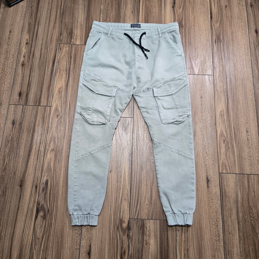 Zara Man Sage Green Cargo Crop Jogger Pants Tapered Elastic Waist Size L MEX 32